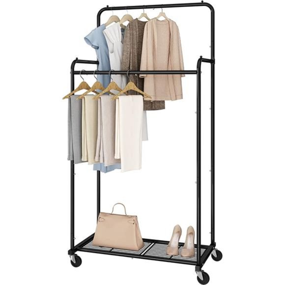 Double Rod Clothes Garment Rack Heavy Duty Clothing Rolling Rack on Wheels